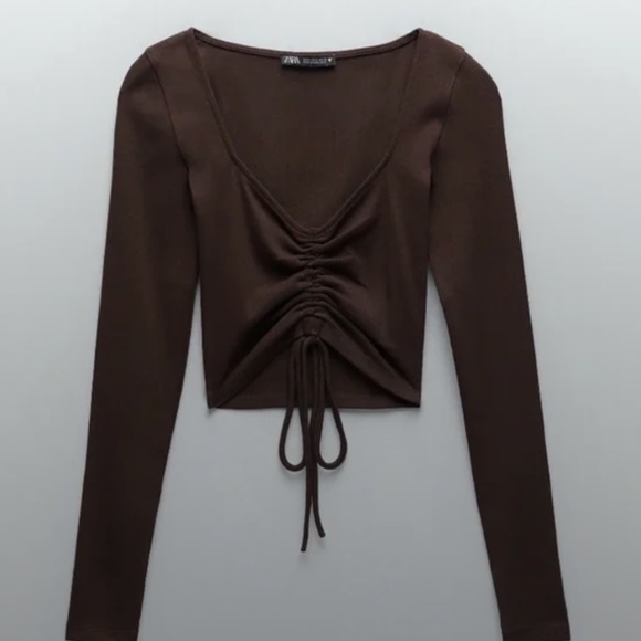 ZARA RUCHED LONG SLEEVE CROP TOP WITH MIDDLE TIE - Picture 1 of 4